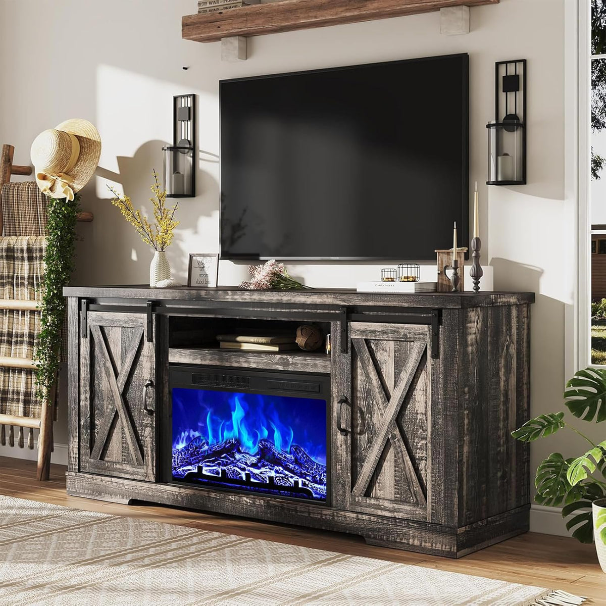 AMERLIFE Fireplace TV Stand With Sliding Barn Door, 63in Dark Rustic Oak - For TVs Up To 73in