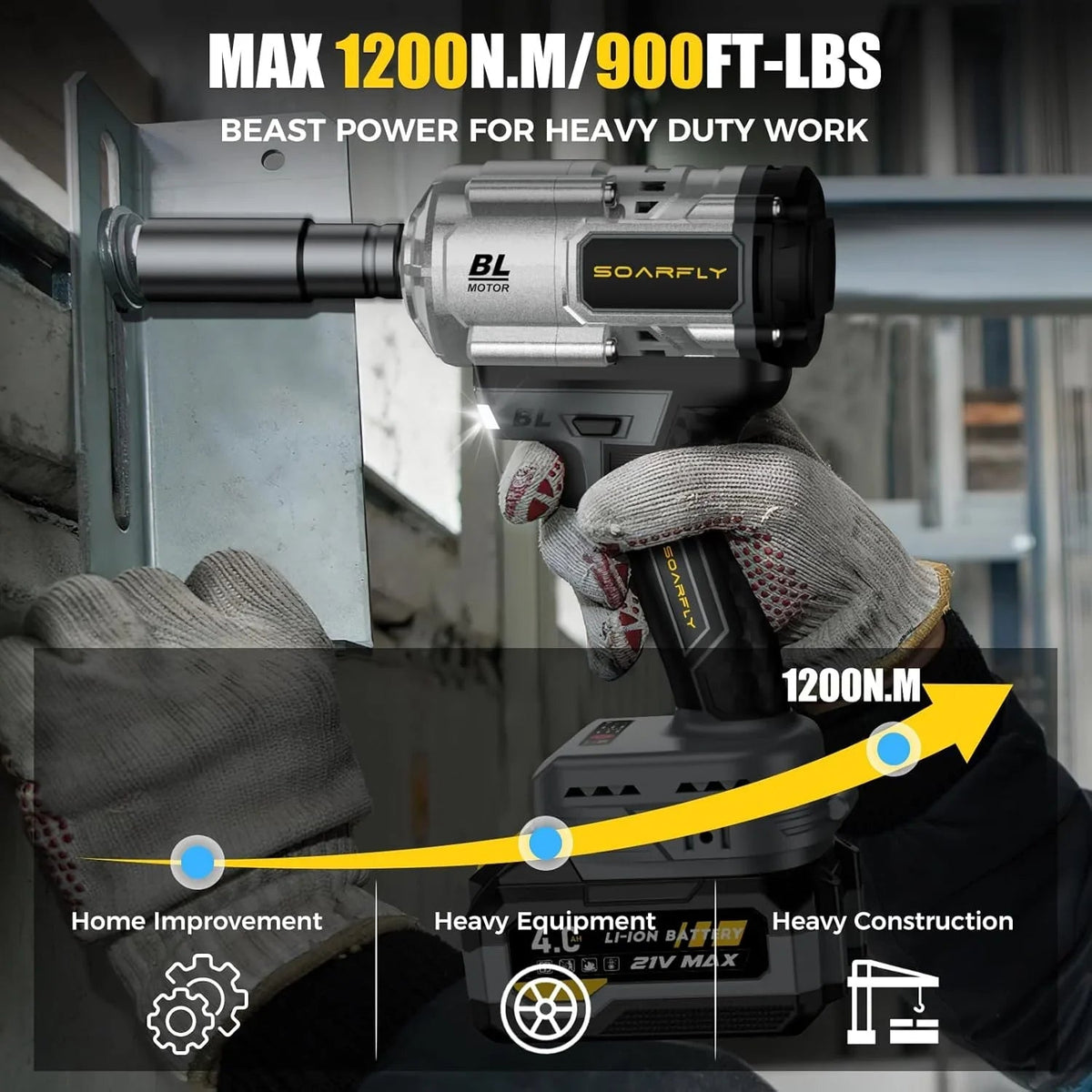 Cordless 1/2 Inch Impact Wrench, 1200Nm, 21V Brushless With 2 4.0Ah Batteries And 5 Sockets