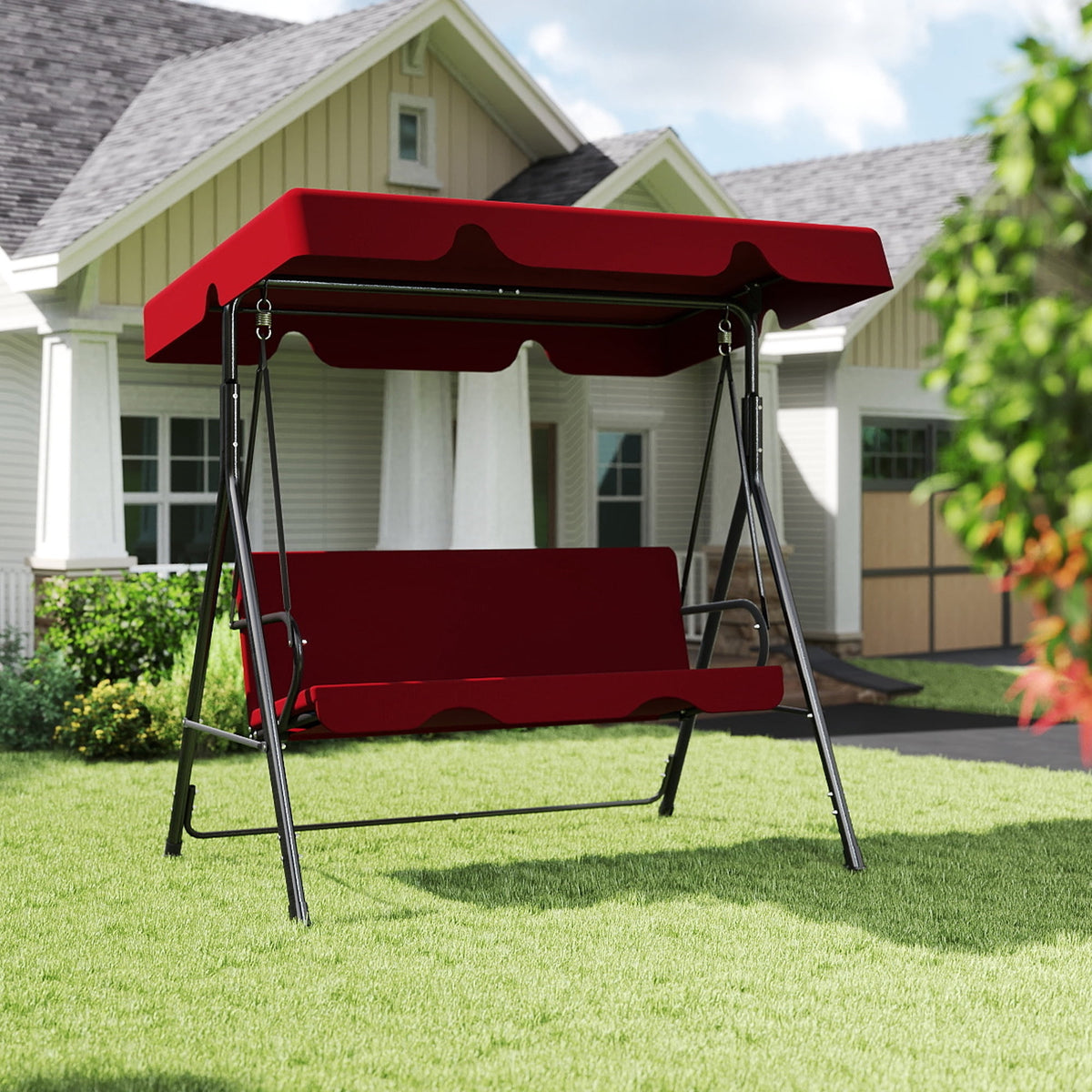 Skandiquip 3 Seats Outdoor Porch Swing with Adjustable Canopy, Adult Patio Glider Swing for Backyard, Heavy Duty Steel Frame, Red