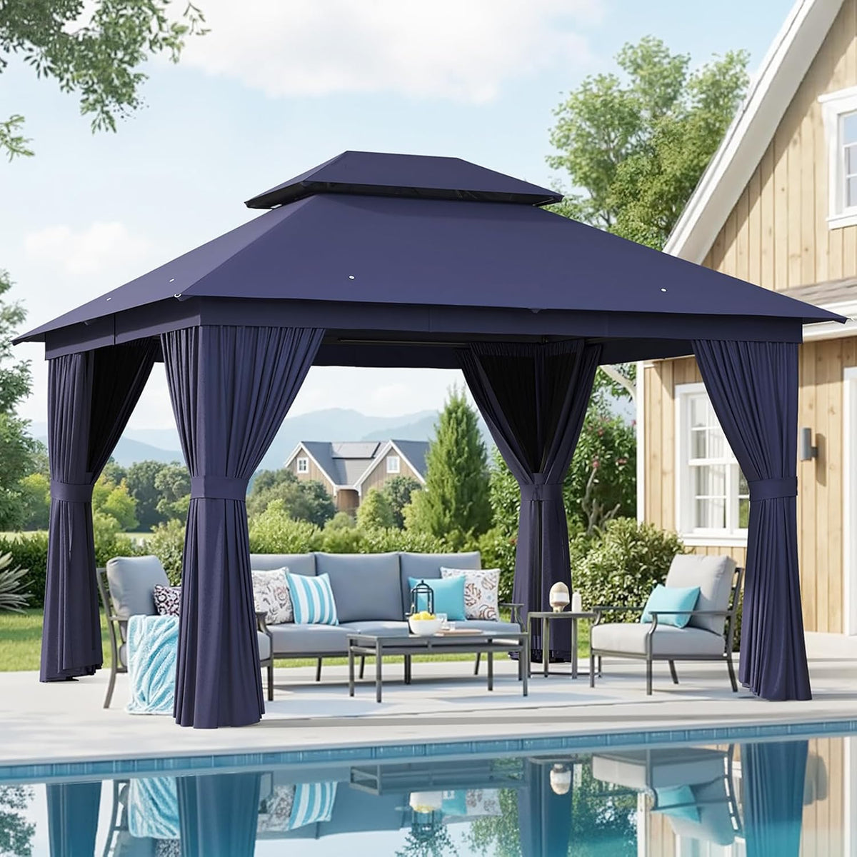 AOXUN Outdoor Gazebo 10x12 Metal Frame Double Roof Canopy With Mosquito Netting And Privacy Screen - Navy Blue