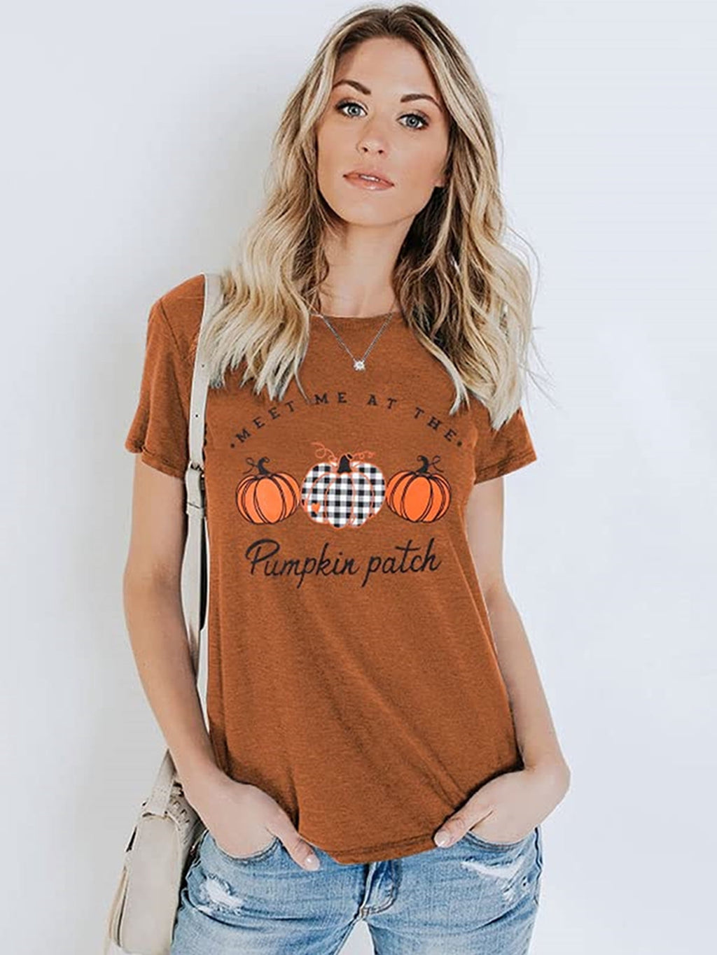 KimSoong Women Halloween Shirt Plaid Pumpkins Graphic Crew Neck Short Sleeve T-Shirts Tops