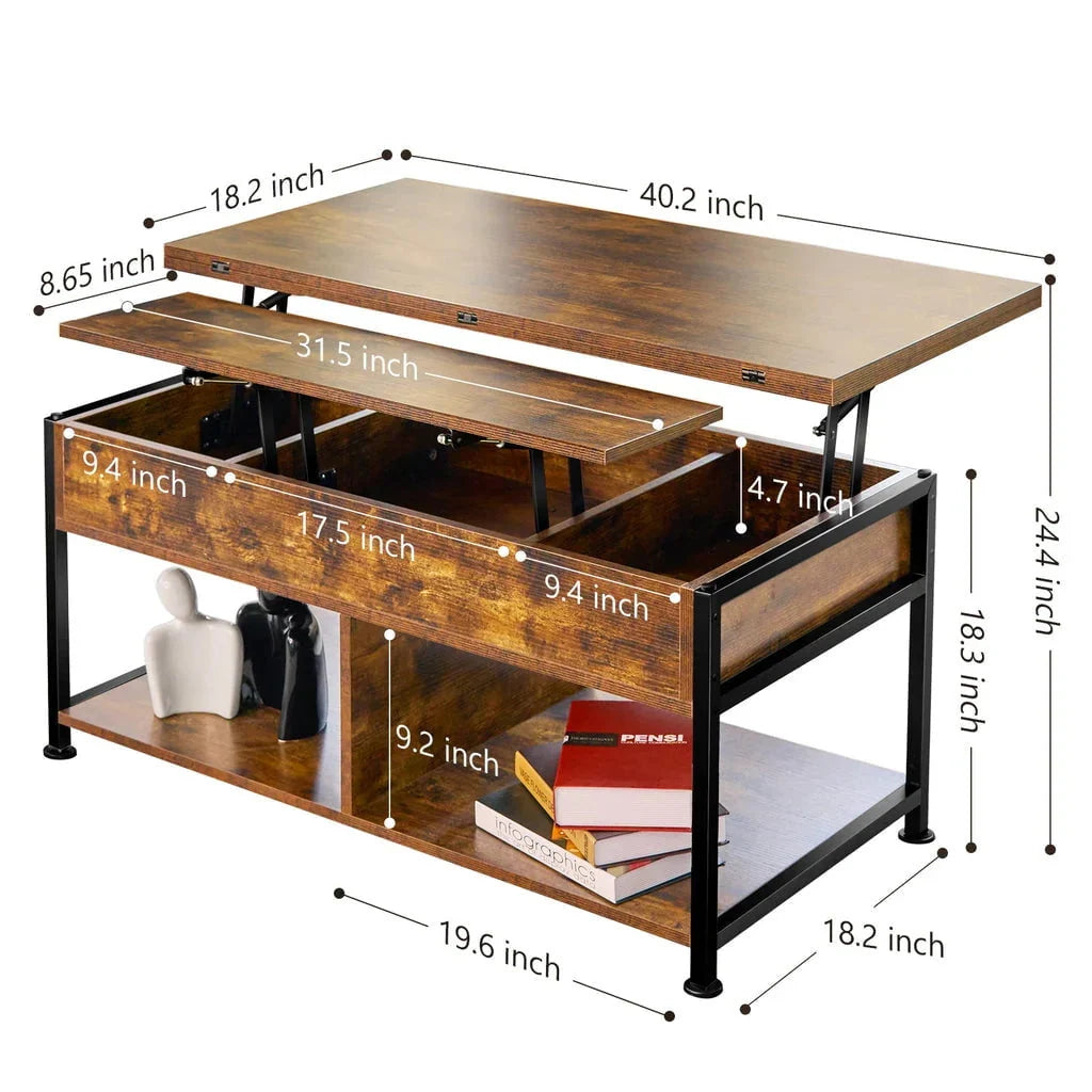 MONVANE Lift Top Coffee Table With Storage, 40 in, Rustic Brown