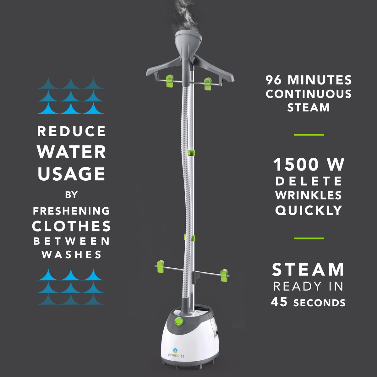 Steamfast SF-567 Full-Size Upright Garment and Fabric Steamer with Clothes Hanger, 1500W, 45-Second Heat Up, 96 Minutes of Continous Steam, 86 fl oz