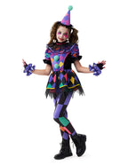 Joyfy Girls Clown Costume, Halloween Scary Clown Costume, Dark Colorful Twisted Clown Jester Dress for Girls Halloween Dress Up, Role Play, Cosplay Party