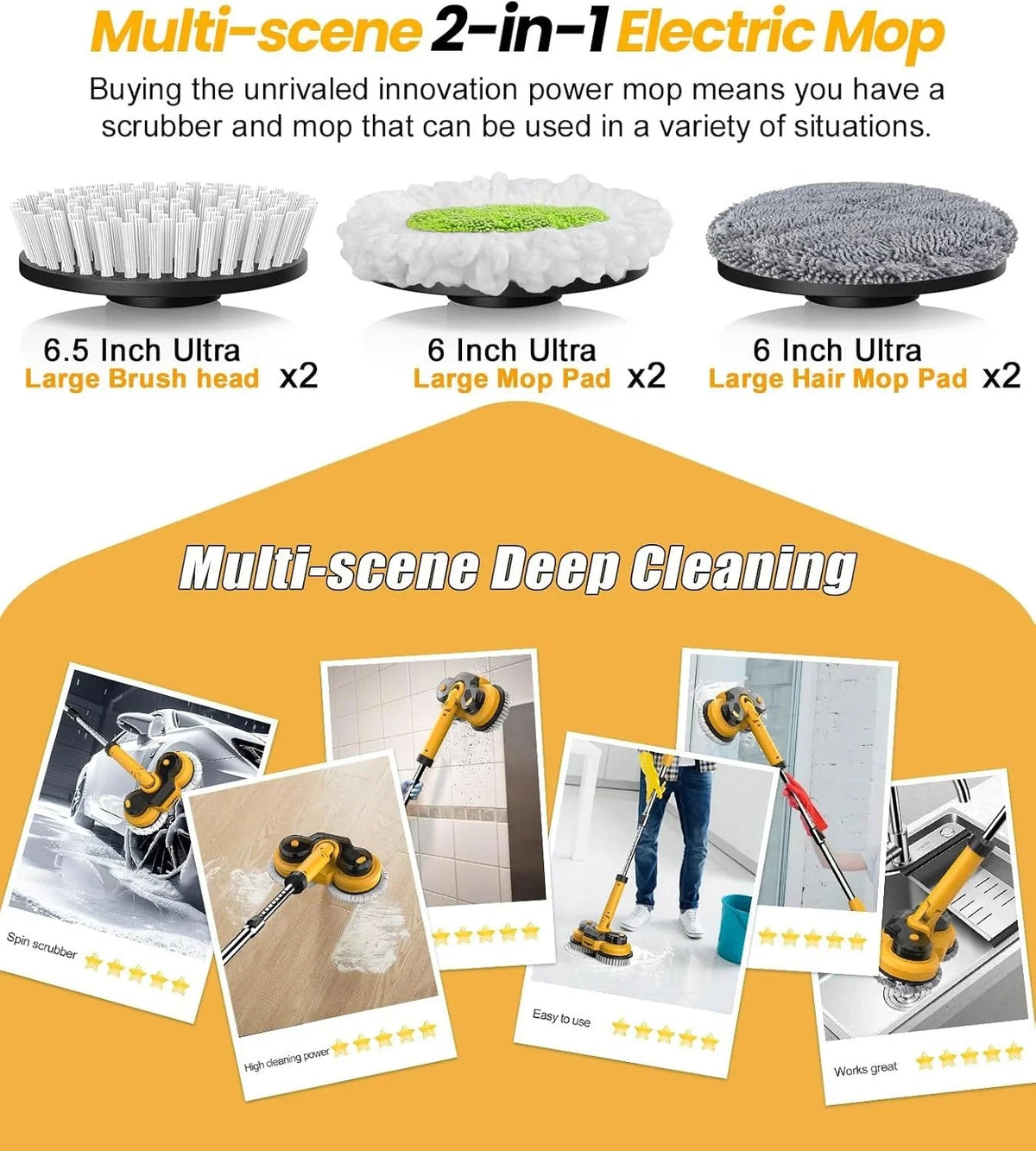 qimedo 2-in-1 Cordless Electric Mop And Power Scrubber, 6000mAh, 800RPM - M1 YD-QJS1804SS-PRO1