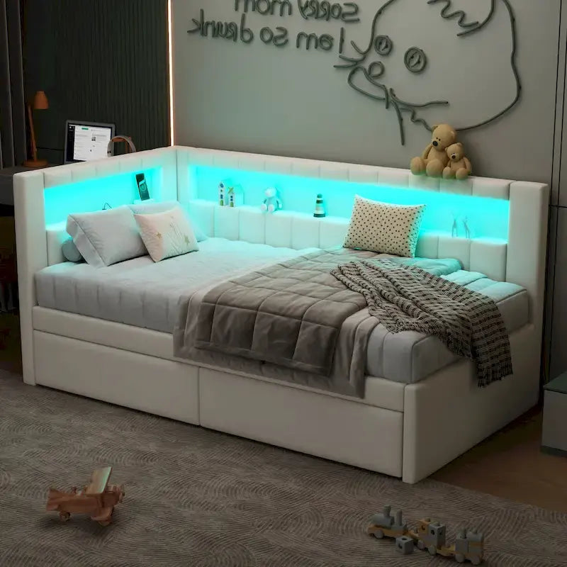 Upholstered Platform Bed Frame With USB Ports, LED Lighting And 2 Storage Drawers - Full/Twin