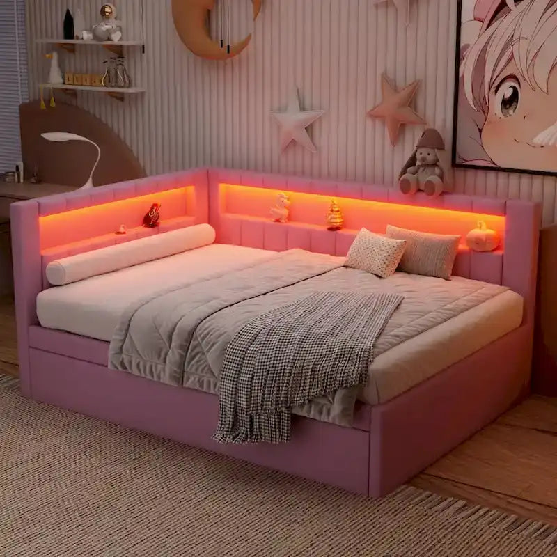 Upholstered Platform Bed Frame With USB Ports, LED Lighting And 2 Storage Drawers - Full/Twin