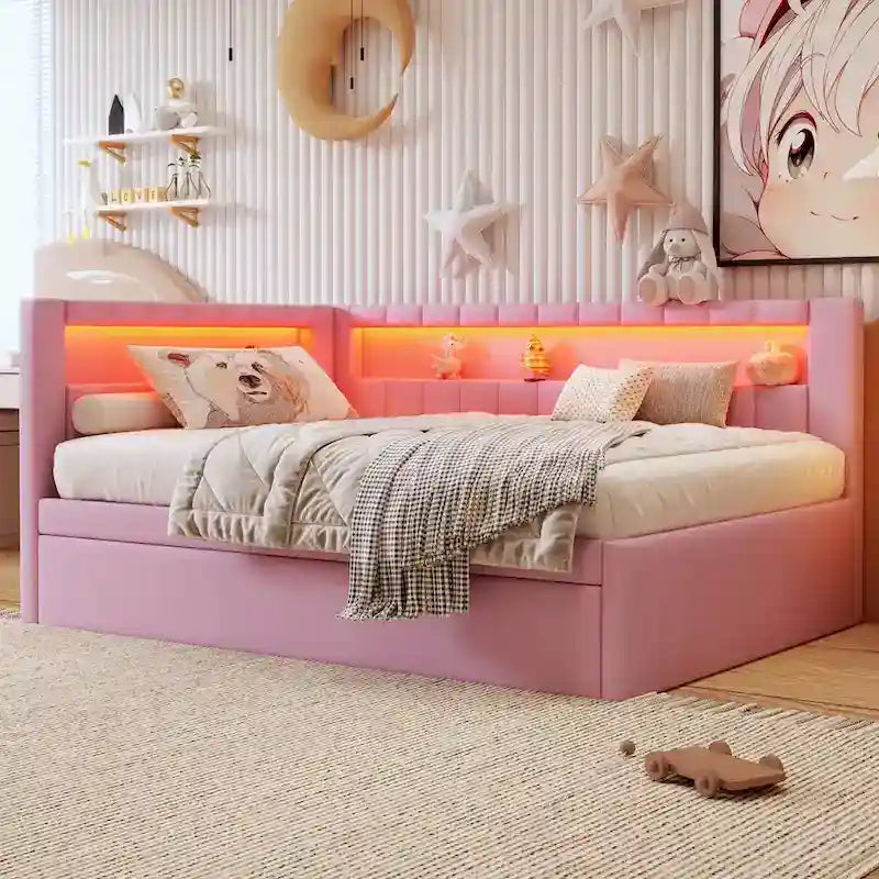 Upholstered Platform Bed Frame With USB Ports, LED Lighting And 2 Storage Drawers - Full/Twin