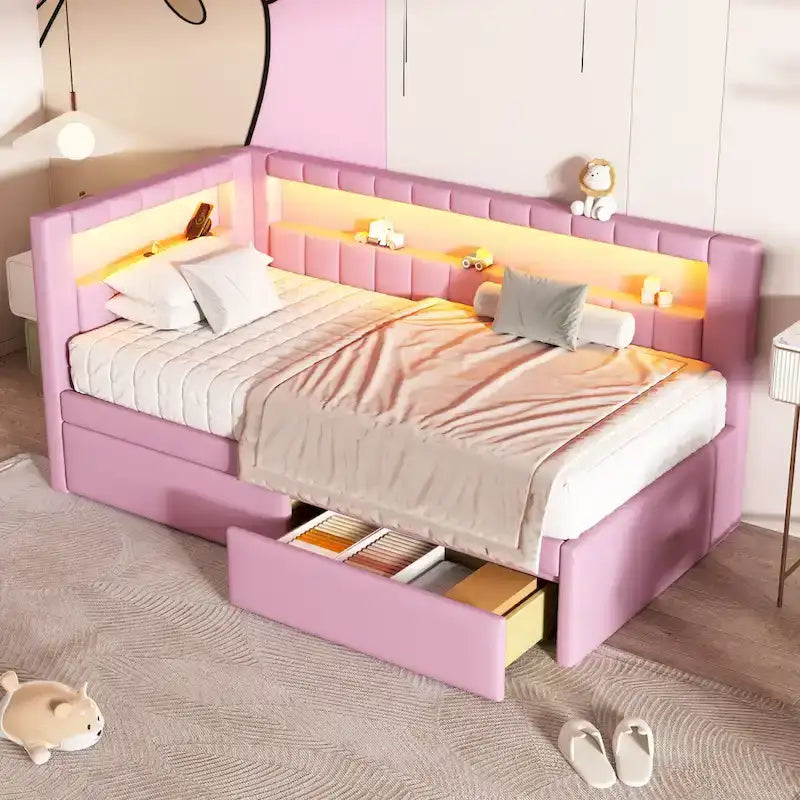 Upholstered Platform Bed Frame With USB Ports, LED Lighting And 2 Storage Drawers - Full/Twin
