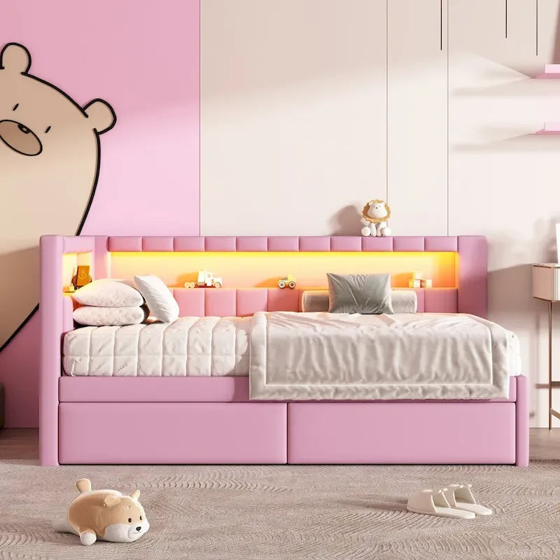 Upholstered Platform Bed Frame With USB Ports, LED Lighting And 2 Storage Drawers - Full/Twin