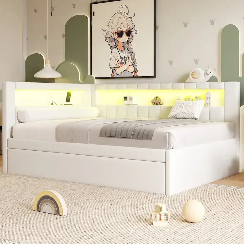 Upholstered Platform Bed Frame With USB Ports, LED Lighting And 2 Storage Drawers - Full/Twin