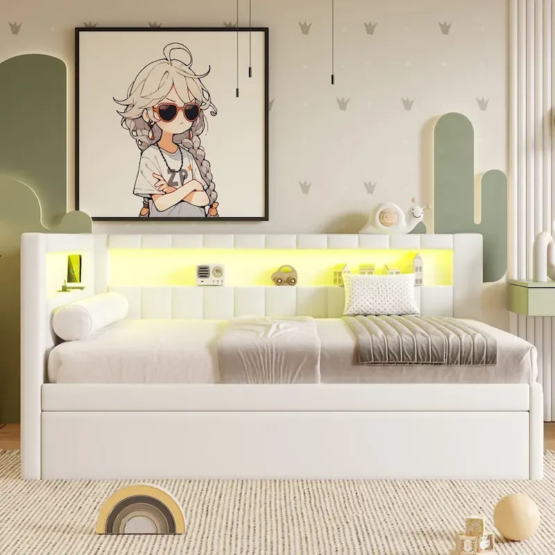 Upholstered Platform Bed Frame With USB Ports, LED Lighting And 2 Storage Drawers - Full/Twin
