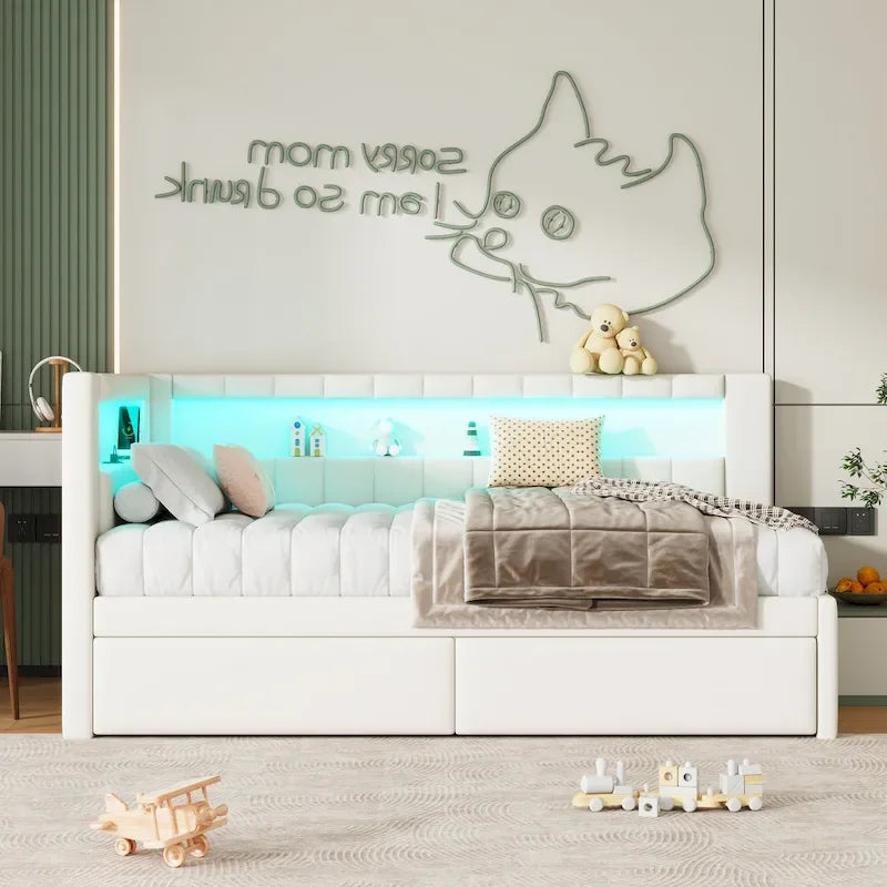 Upholstered Platform Bed Frame With USB Ports, LED Lighting And 2 Storage Drawers - Full/Twin