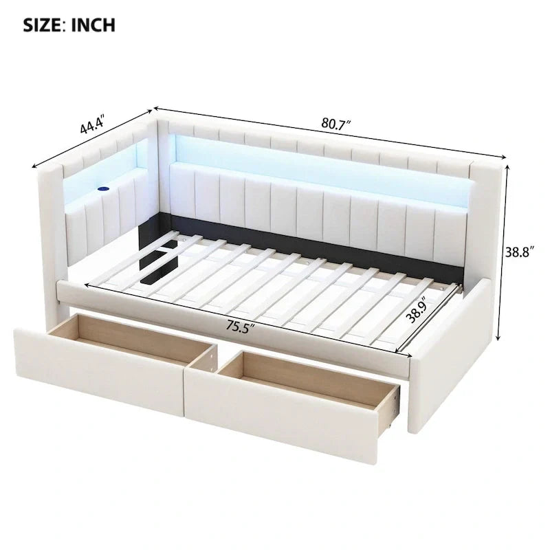 Upholstered Platform Bed Frame With USB Ports, LED Lighting And 2 Storage Drawers - Full/Twin