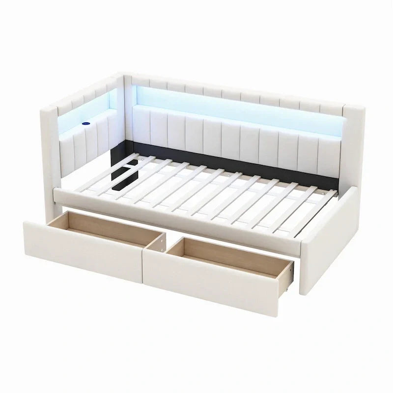 Upholstered Platform Bed Frame With USB Ports, LED Lighting And 2 Storage Drawers - Full/Twin