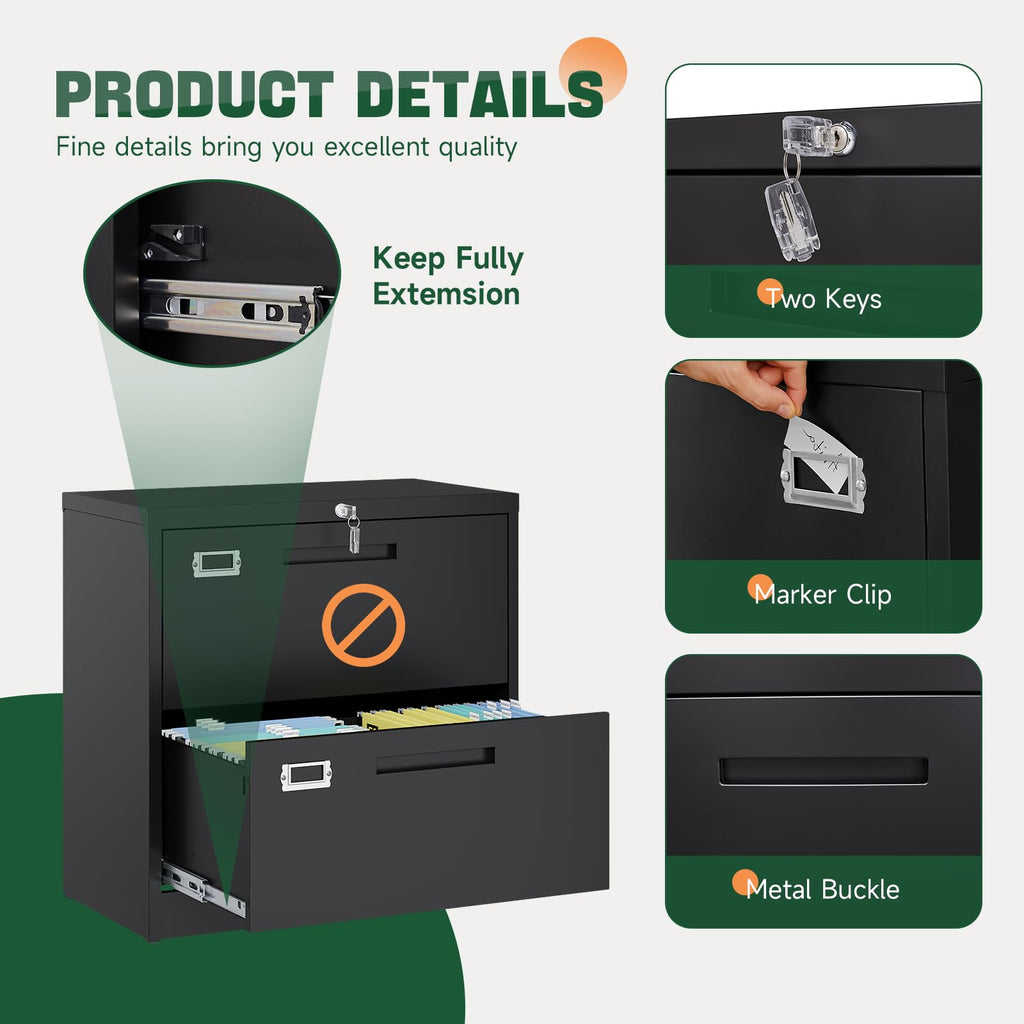 2 Drawer File Cabinet with Lock,Metal Lateral Filing Cabinet for Home Office,Hanging Letter/Legal/A4 Size (Black, H27.95×W28.35×D15.74)