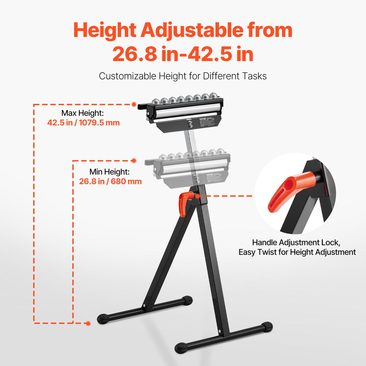 VEVOR Roller Stand, 300 lb Load Capacity, 26.8-42.5 in Adjustable Height, Folding Heavy Duty with 11.5 inch Polished Multi-Directional Roller Head