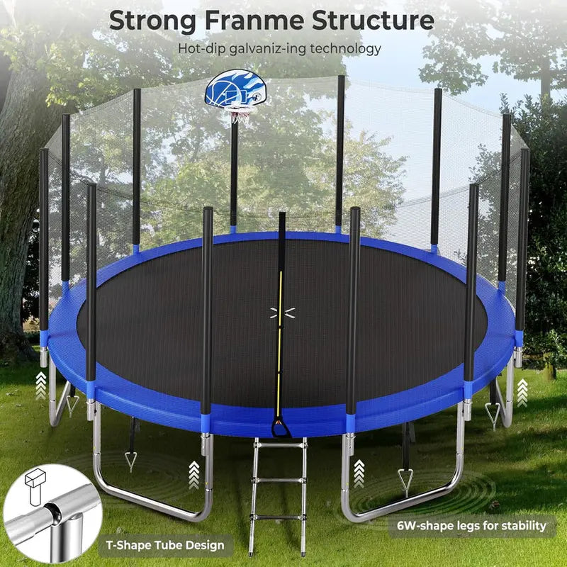 Trampoline With Enclosure Net And Adjustable Basketball Hoop - 8ft, 10ft, 12ft, 14ft, 15ft, 16ft