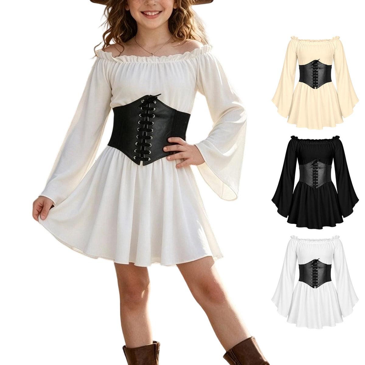Kids Off the Shoulder Pirate Dresses with Sash Two Piece Set Pirate Costume Halloween Cosplay Halloween Costume Kids Size 4-14 Years