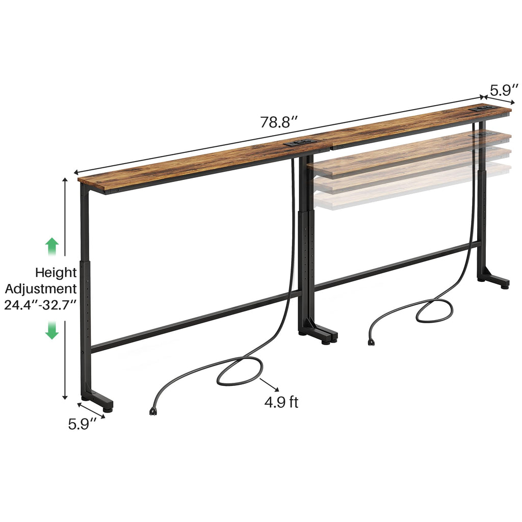 Kitstorack 2-Pack Narrow Console Table with Adjustable Height (25"-33") & 2 Power Outlets, Skinny Behind Couch Table, 78.8" Long x 5.9" Wide Sofa
