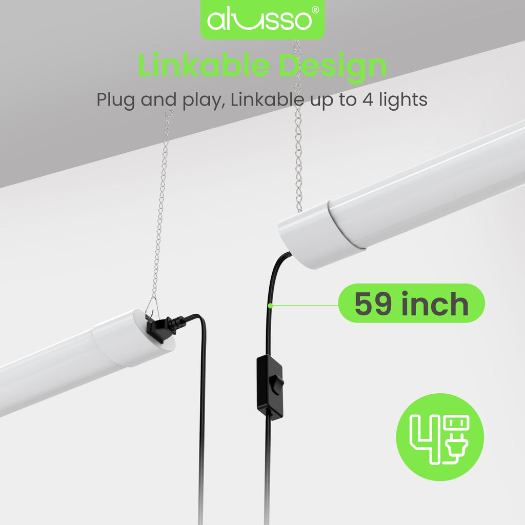 ALUSSO® LED Shop Lights 4FT for Garage, 4800LM Adjustable 20W/30W/40W, 5CCT 2700K 3000K 4000K 5000K 6500K, 120V, Warm to Cool Daylight Linkable Shop