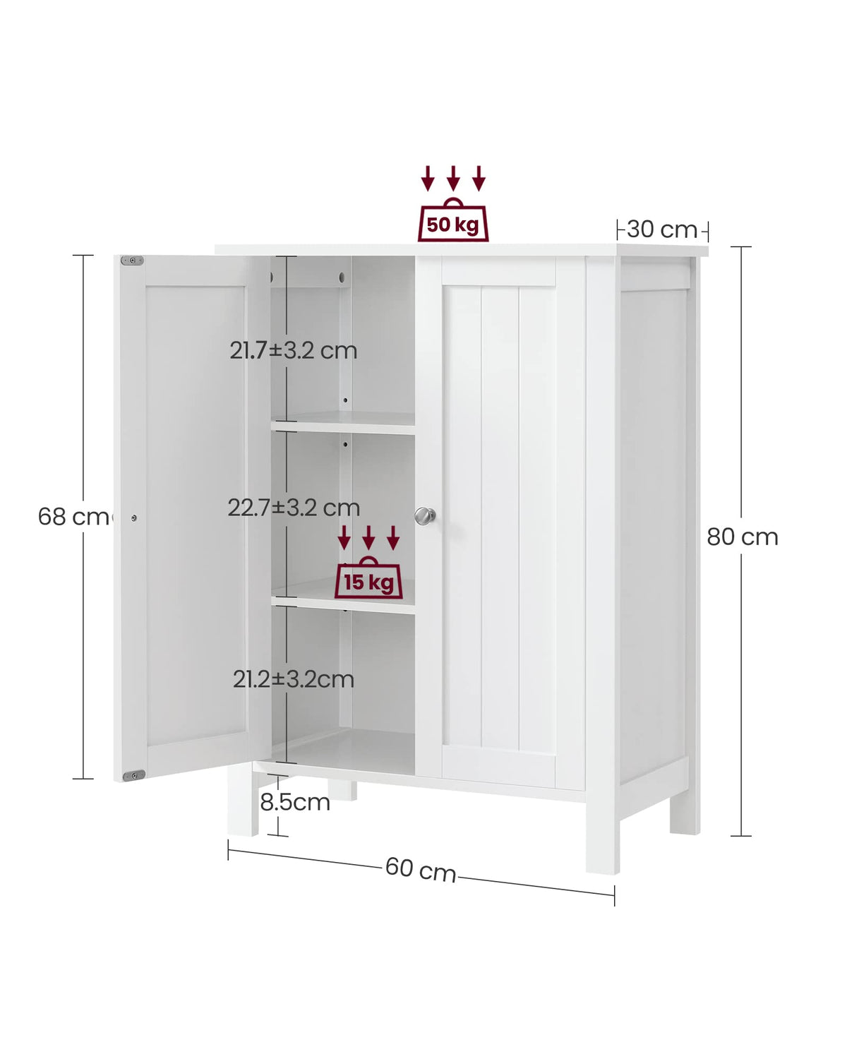 VASAGLE Bathroom Floor Storage Cabinet, 2 Doors , Cloud White