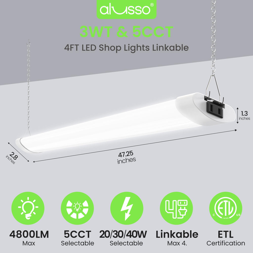 ALUSSO® LED Shop Lights 4FT for Garage, 4800LM Adjustable 20W/30W/40W, 5CCT 2700K 3000K 4000K 5000K 6500K, 120V, Warm to Cool Daylight Linkable Shop