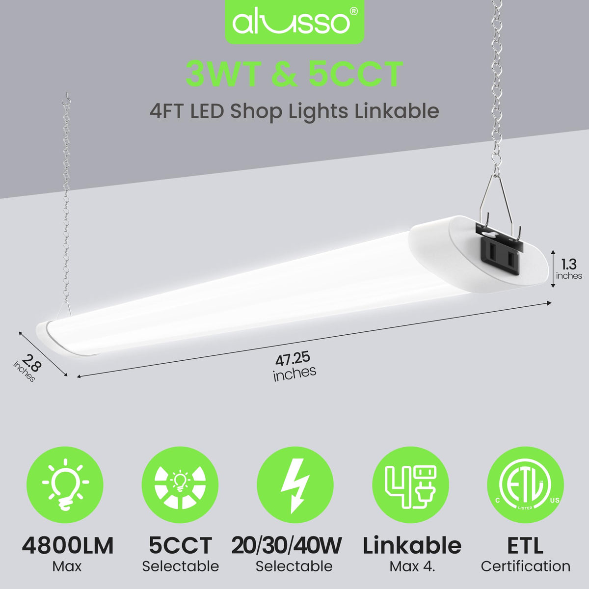 ALUSSO® LED Shop Lights 4FT for Garage, 4800LM Adjustable 20W/30W/40W, 5CCT 2700K 3000K 4000K 5000K 6500K, 120V, Warm to Cool Daylight Linkable Shop