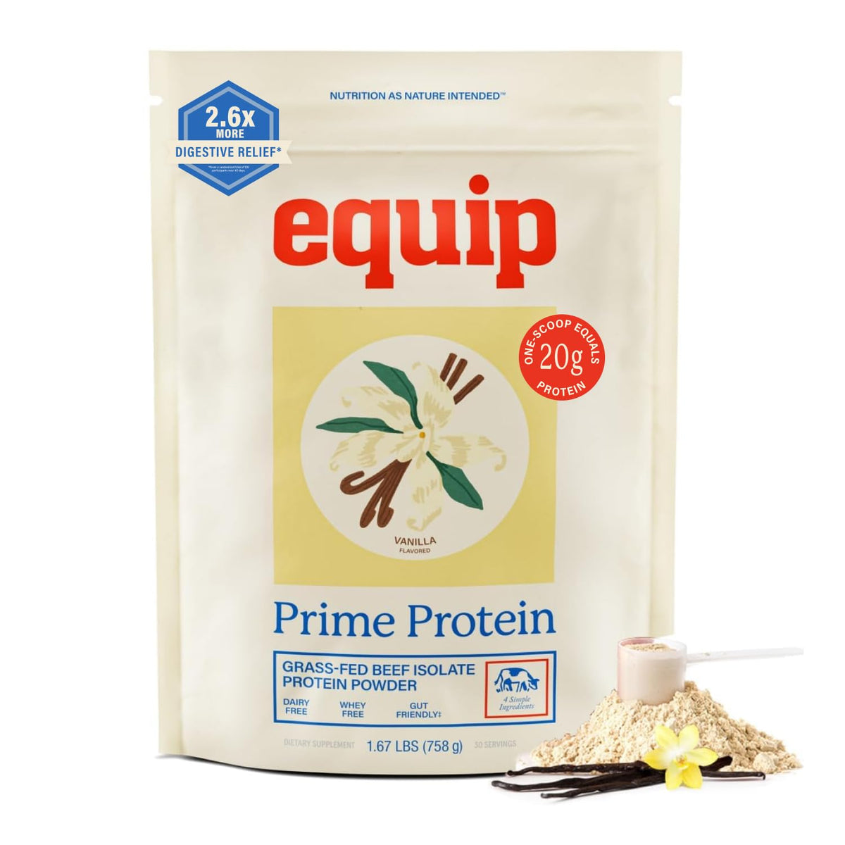 Equip Foods Prime Protein Powder | Clean, Grass Fed Beef Protein Powder | Carnivore Protein Isolate, Keto Friendly | Gluten & Dairy Free | Helps
