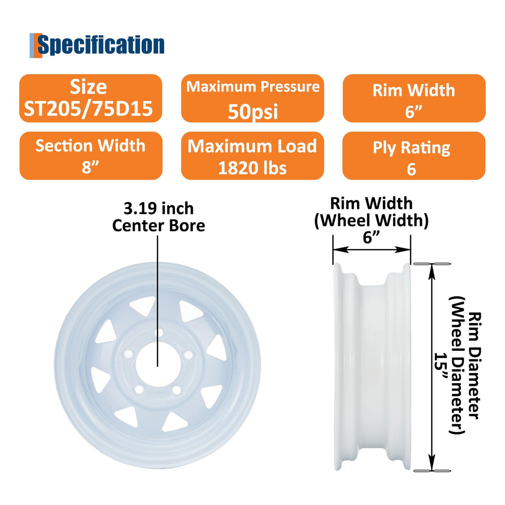 GarveeTech ST205/75D15 Trailer Tire and Wheel Assembly, 5 Lug, Set of 2