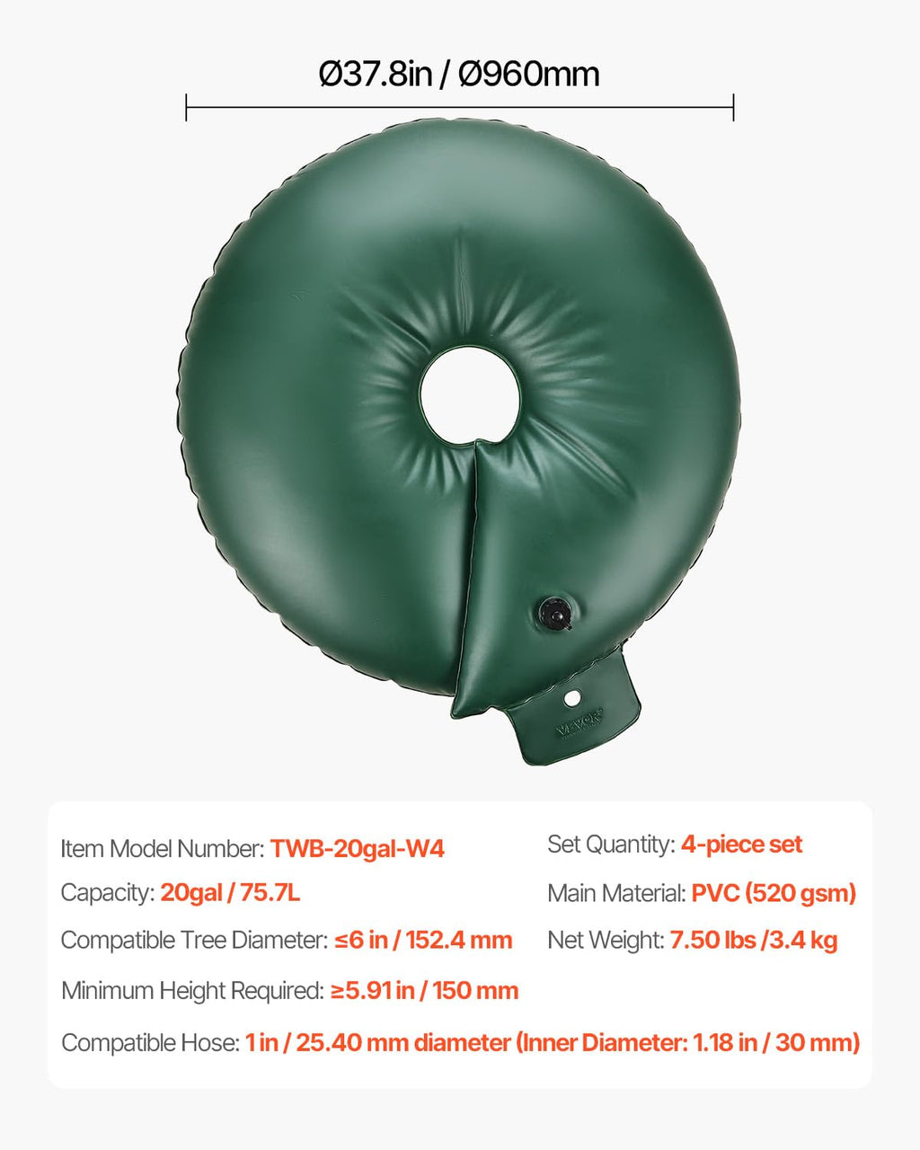 VEVOR Tree Watering Bag Slow Release, 4 Pack 20 Gallons Tree Watering Bags/Ring, Reusable Refillable Tree Irrigation Ring Water Bags, Heavy Duty