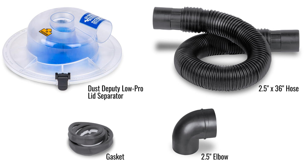 Dust Deputy Low-Pro Plus Cyclone Dust Separator – Engineered High Flow Wet/Dry Vacuum Kit – Fits Standard 5 Gallon Buckets – 2.5" Adapter & 3' Hose