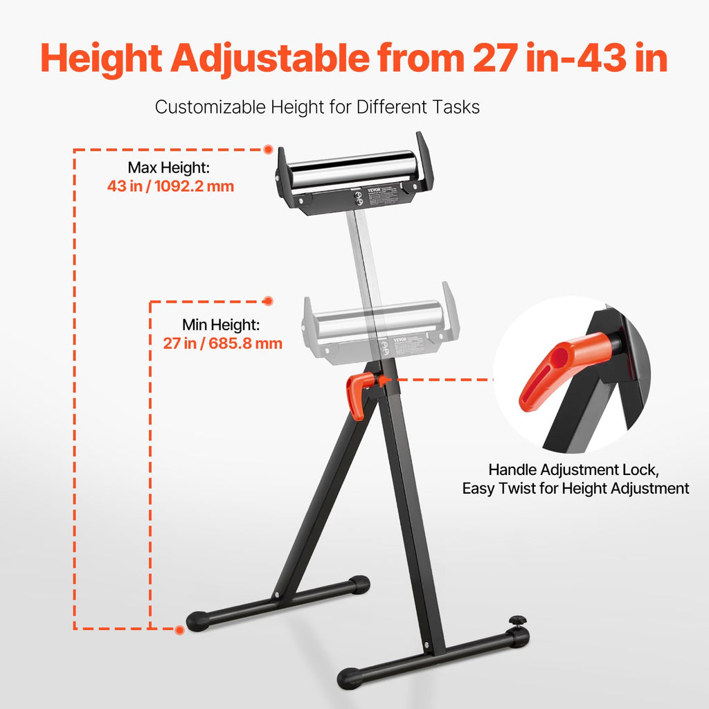 VEVOR 2-Pack Roller Stands 250 lbs Load 27-43 in Adjustable Height Black