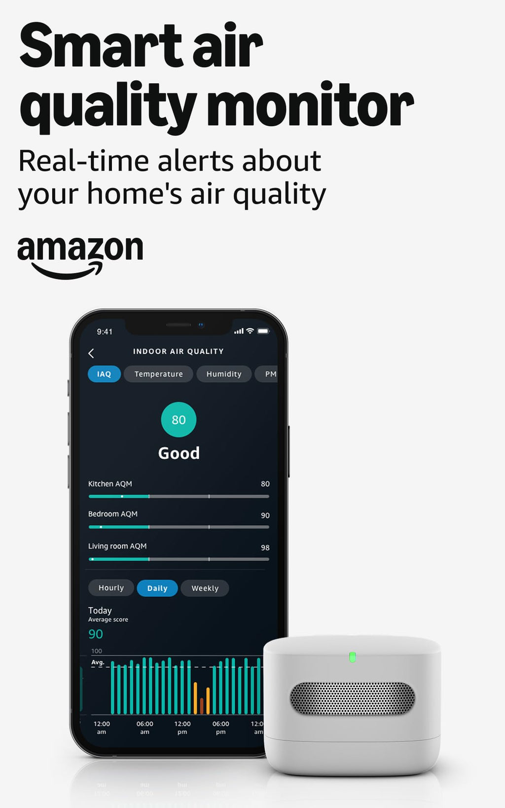 Smart Air Quality Monitor, Detects temperature, humidity, carbon monoxide, PM2.5 and VOCs, Get notifications when air quality drops, Works with Alexa