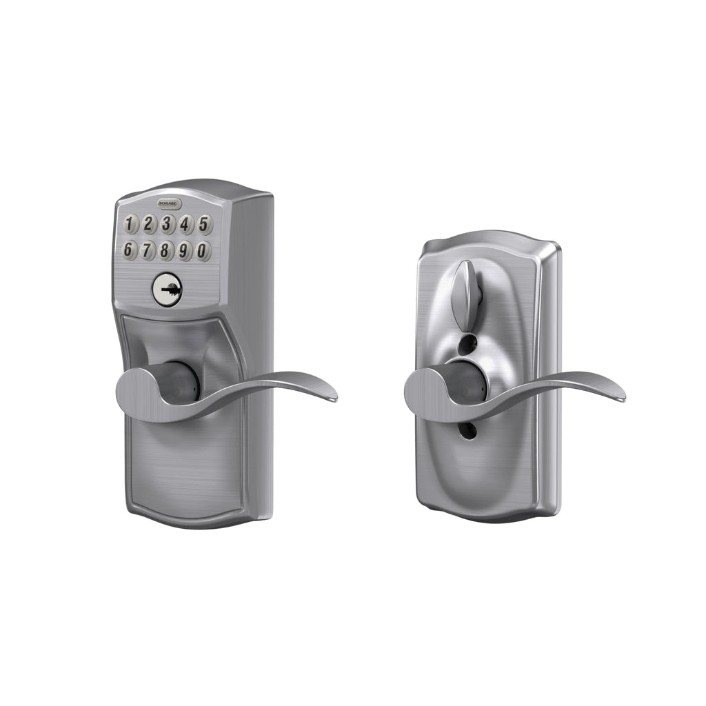Schlage Electronic Keypad Lock, Lever Handle, Camelot Trim, Satin Chrome