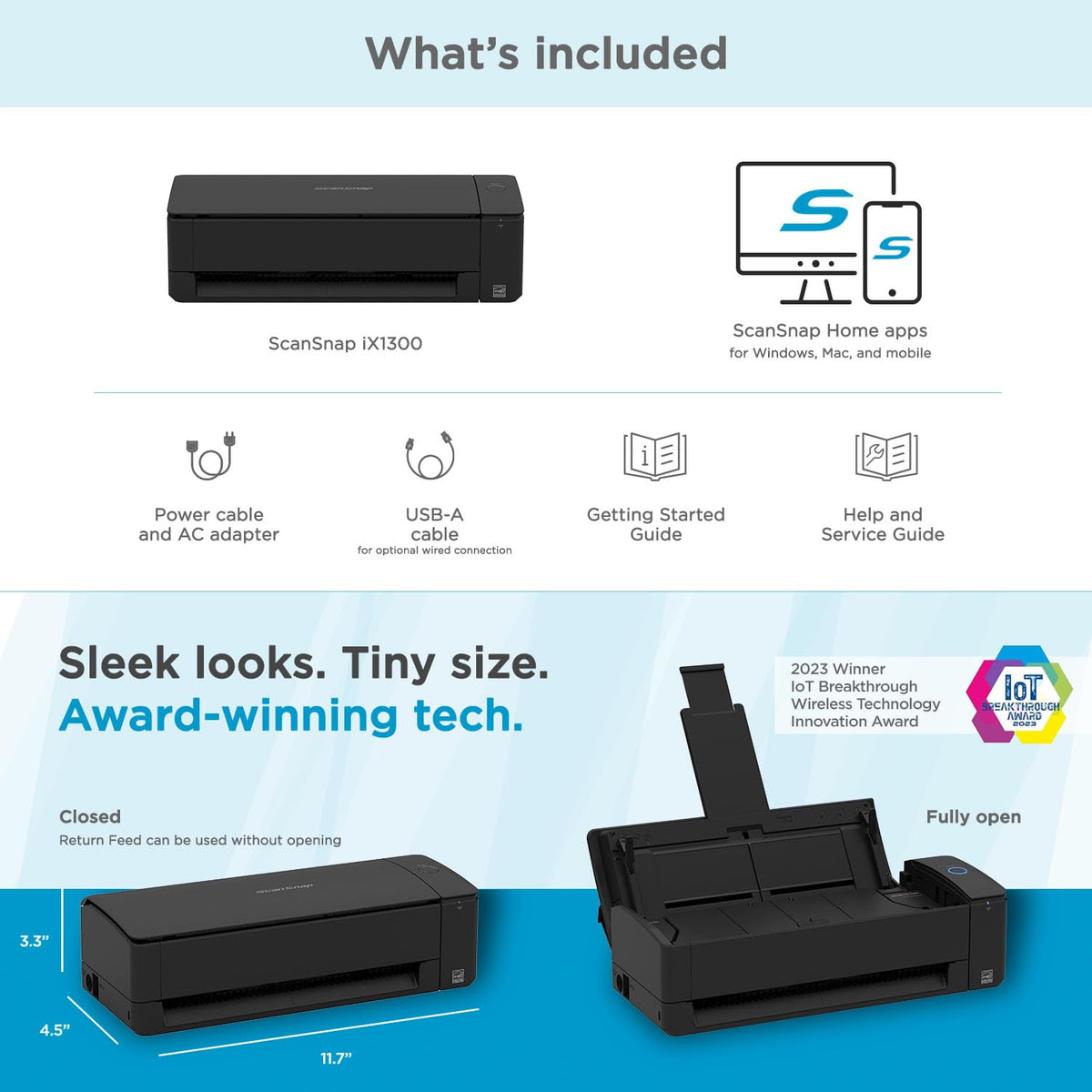 ScanSnap iX1300 Wireless or USB Double-Sided Color Document Scanner, Black