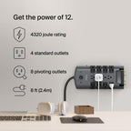 Belkin Surge Protector Power Strip w/ 8 Rotating & 4 Standard Outlets - 8ft Sturdy Extension Cord w/Flat Pivot Plug for Home, Office, Travel, Desktop
