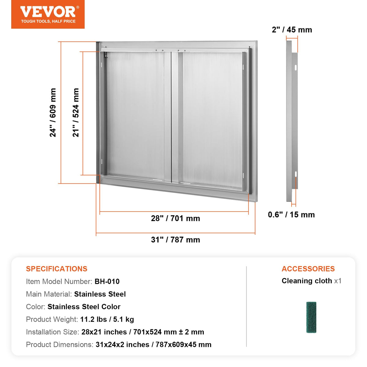 VEVOR BBQ Access Door 31" W x 24" H Double Outdoor Kitchen Vertical Door