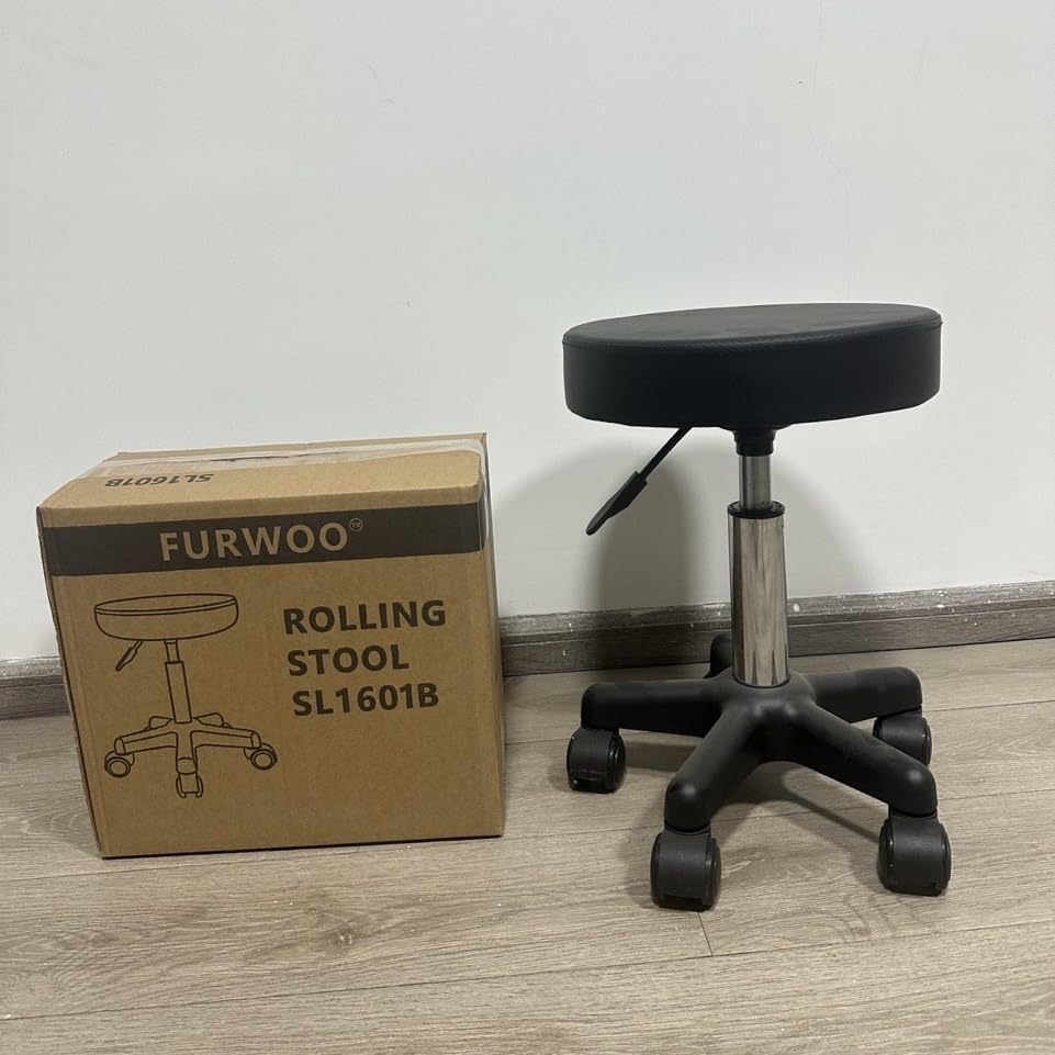 FURWOO Round Rolling Stool Height Adjustable Stool with Wheels for Spa Salon Massage Black