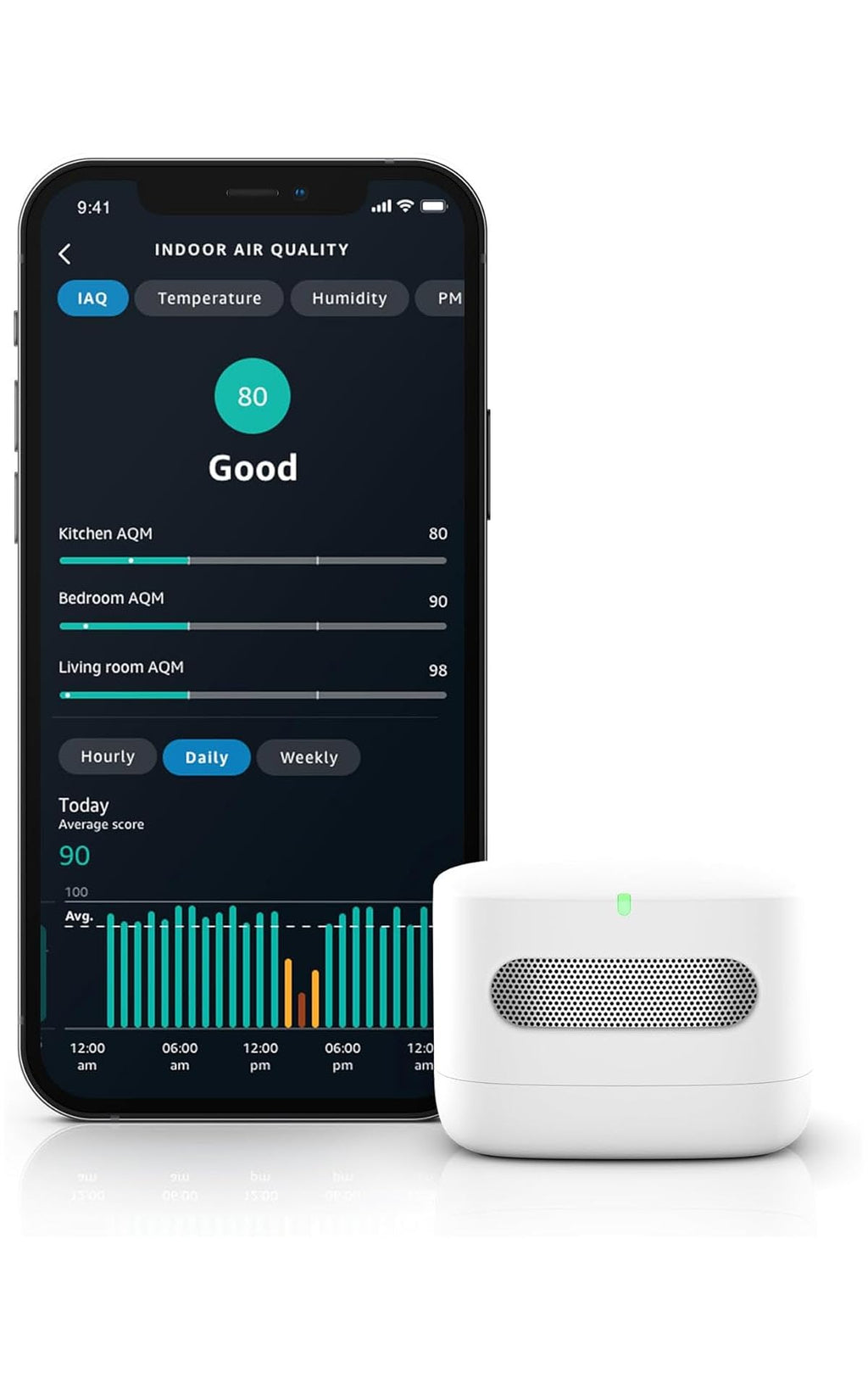 Smart Air Quality Monitor, Detects temperature, humidity, carbon monoxide, PM2.5 and VOCs, Get notifications when air quality drops, Works with Alexa