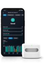 Smart Air Quality Monitor, Detects temperature, humidity, carbon monoxide, PM2.5 and VOCs, Get notifications when air quality drops, Works with Alexa