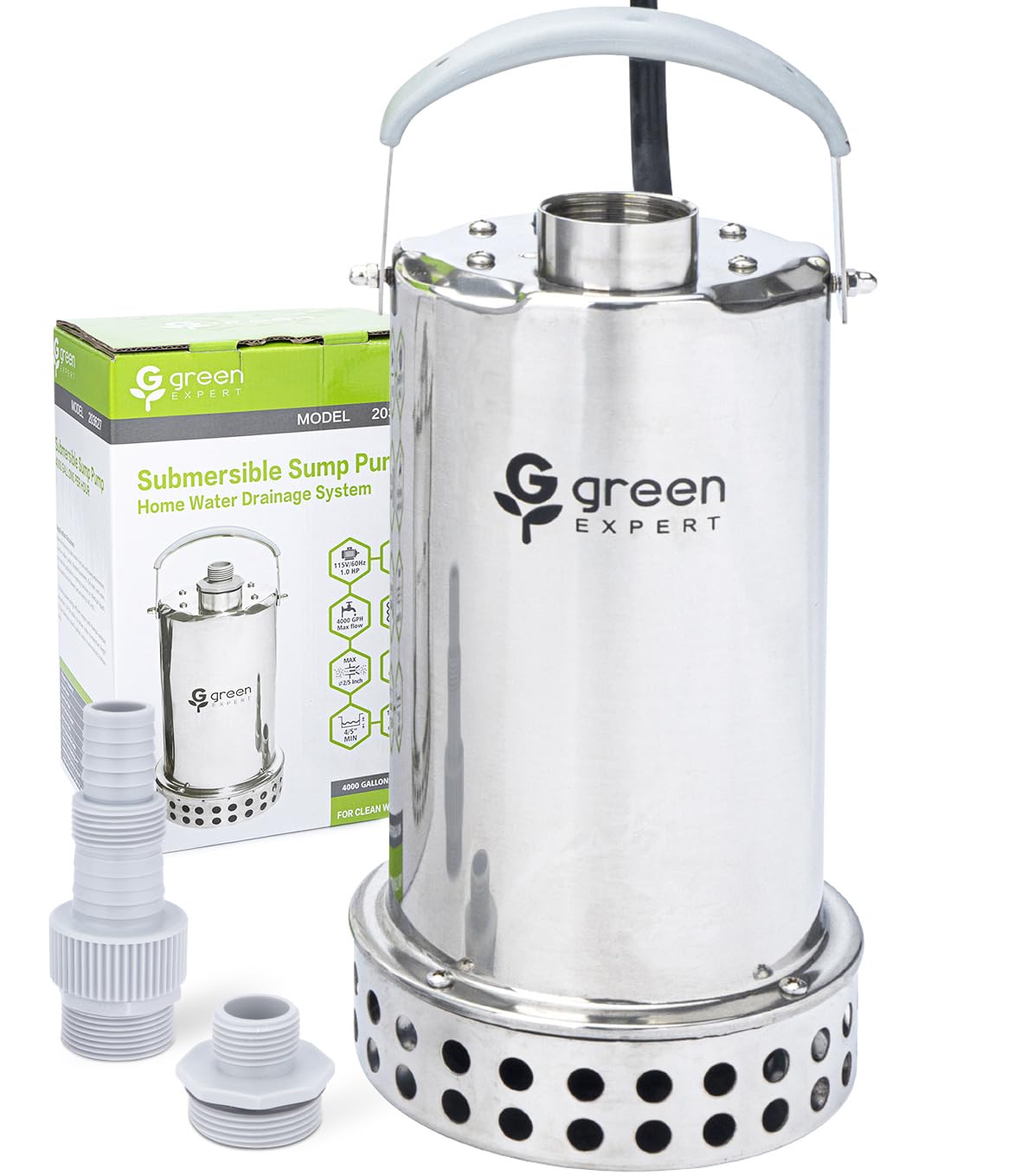 Green Expert 1HP Submersible Sump Pump, 4000GPH Full 304 Stainless Steel Manual Utility Pump with Adapter Kit, Oil-Free Top Discharge Water Removal