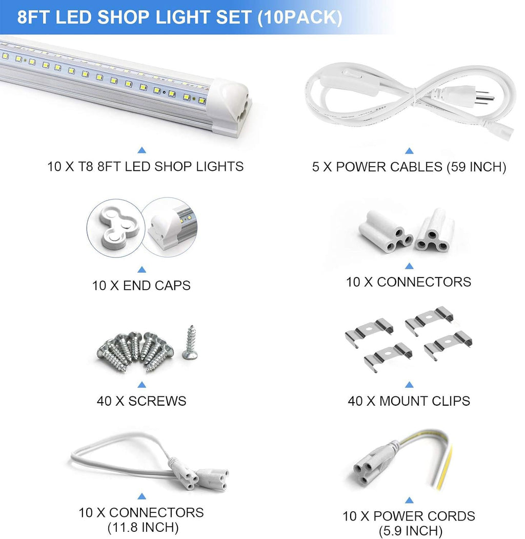 10-Pack 8ft LED Shop Light Fixture - 90W T8 Integrated LED Tube Light - 6500K 12000LM V-Shape Linkable - High Output - Clear Cover - Plug and Play