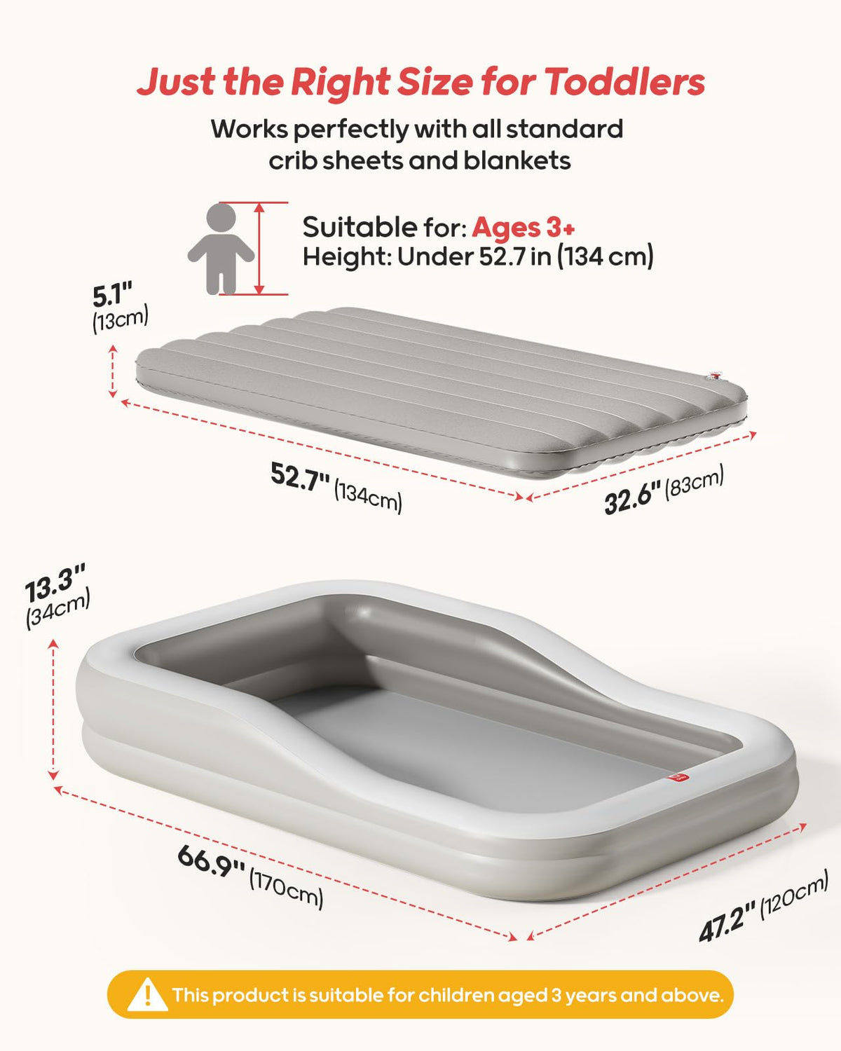 QPAU Inflatable Toddler Travel Bed with 3-Sided, Extra Large, Gray
