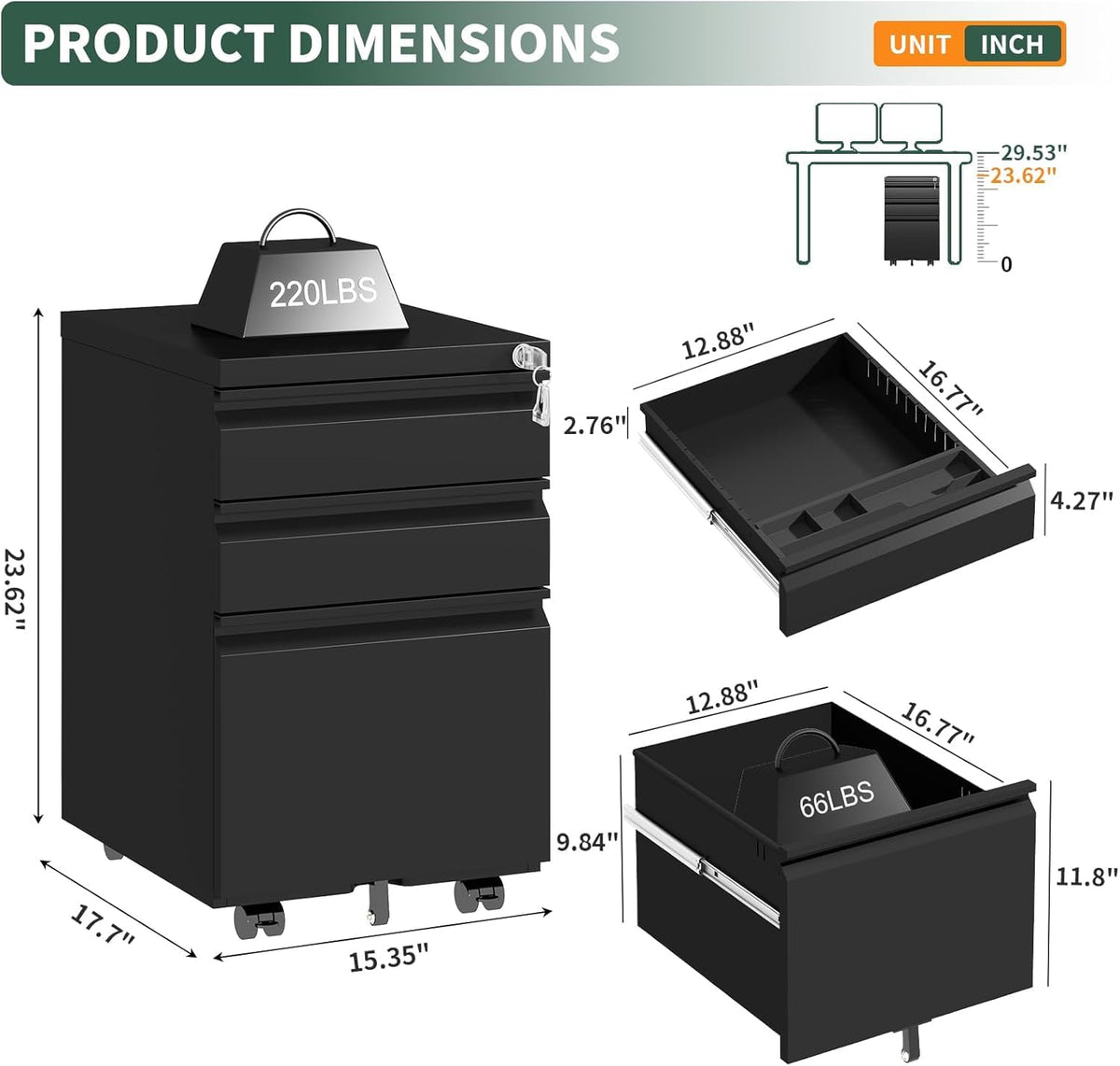 3 Drawer File Cabinet with Lock, Black Metal, Under Desk