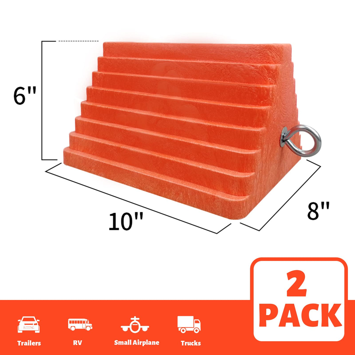 2 Pack Wheel Chocks Heavy Duty Orange with Eyebolt for Travel Trailer, 10" Length x 8" Width x 5.7" Height