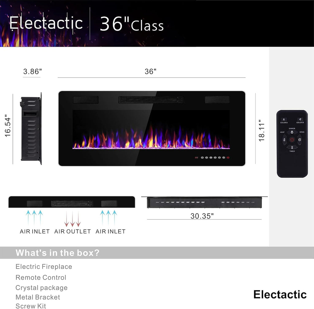 Electactic 36 Inch Electric Fireplace Insert Ultra-Thin - Recessed & Wall-Mounted Fireplace Heater with Thermostat, Adjustable Flame, Remote Control