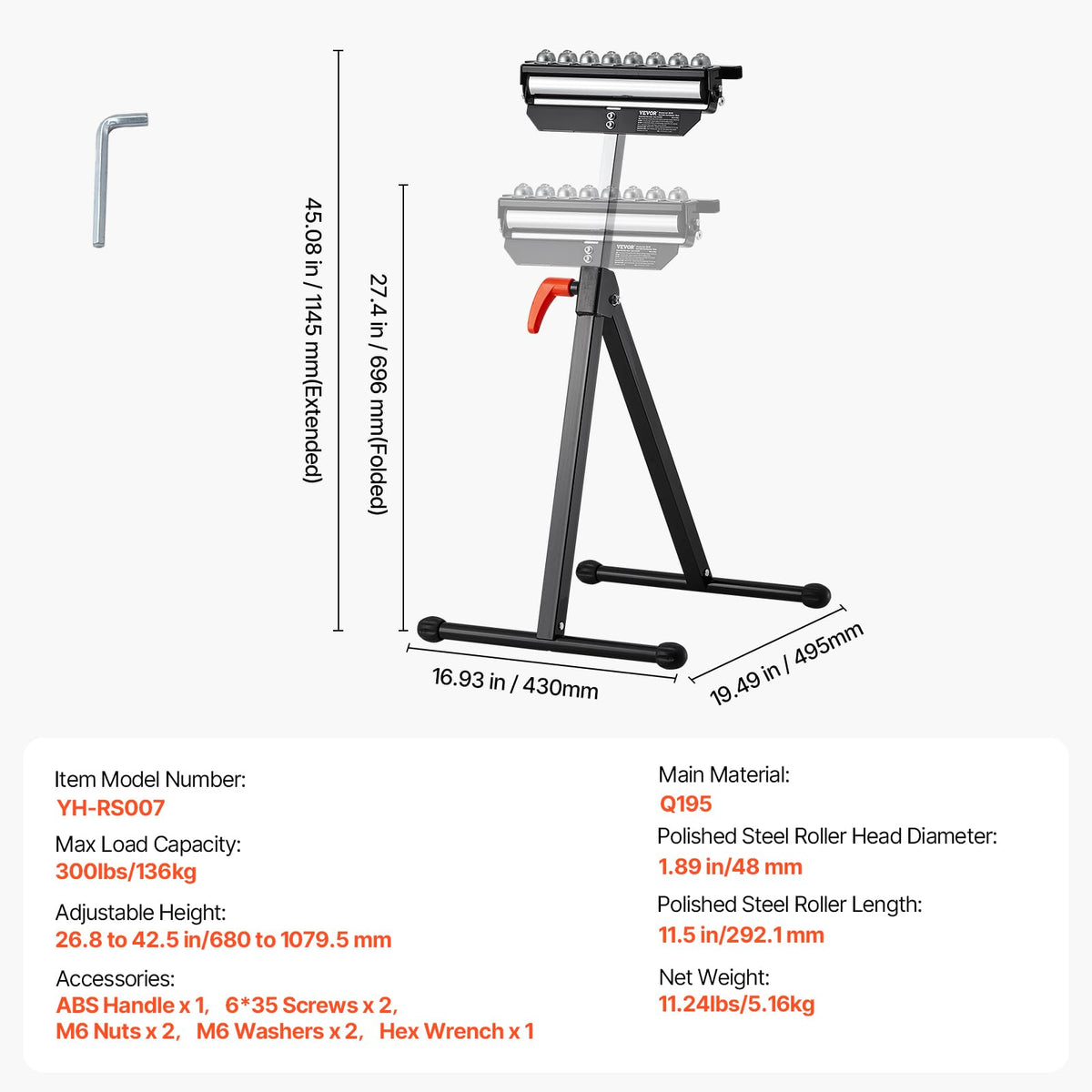 VEVOR Roller Stand, 300 lb Load Capacity, 26.8-42.5 in Adjustable Height, Folding Heavy Duty with 11.5 inch Polished Multi-Directional Roller Head