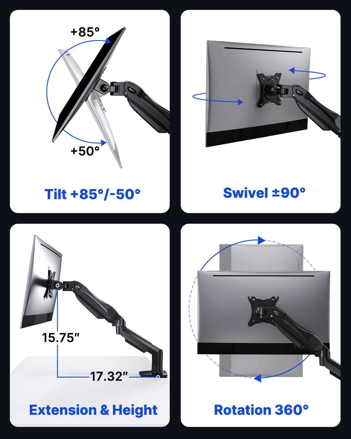 HUANUO FlowLift™ Single Monitor Mount, 13 to 32 Inch Monitor Arm, Adjustable Monitor Stand, Vesa Mount with Clamp and Grommet Base - Fits 4.4 to