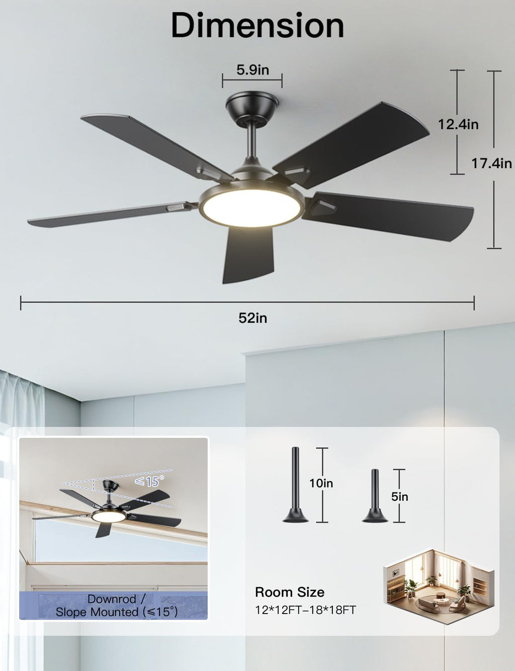 OJX 52 Inch Ceiling Fans with Lights and Remote/APP Control
